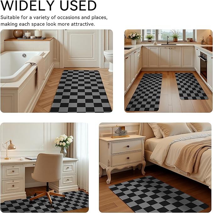 Black Grey Checkered Grid Checkerboard Kitchen Rug Sets [2 PCs], Anti-Fatigue, Waterproof Non-Slip Kitchen Mats Heavy Duty Comfort Foam Rug for Kitchen, Floor, Laundry,17"x29"+17"x47"