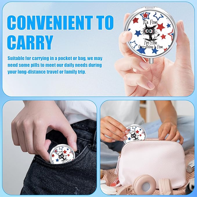 Pill Box, 3 Compartments Small American Star Pill Case Travel Portable Metal Medicine Box with Mirror Mini Container for Purse Pocket Women Men(It's Fine Cat)