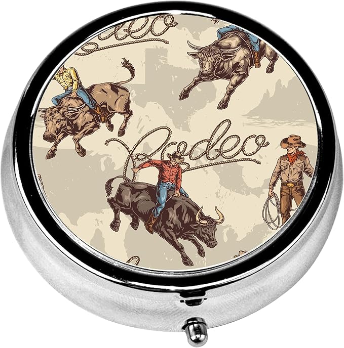 Pill Box, 3 Compartments Small Pill Case Travel Portable Metal Medicine Box with Mirror Mini Container for Purse Pocket Women Men（Vintage Western Cowboy）