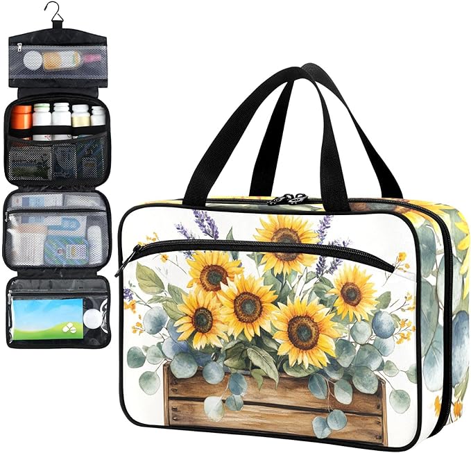 Fustylead Farmhouse Sunflowers Lavender Floral Pill Organizer Bag Large Medicine Travel Carrying Case with Zipper for Vitamin Supplements Fish Oil, Empty First Aid Kit for Hiking Camping