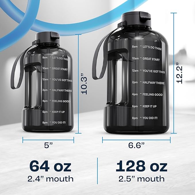 AQUAFIT 128 oz Water Bottle with Time Marker - Straw & Chug Lid - BPA Free 1 Gallon Gym Water Bottle with Handle - Big Gallon Jug (Blue, 128 Ounces)