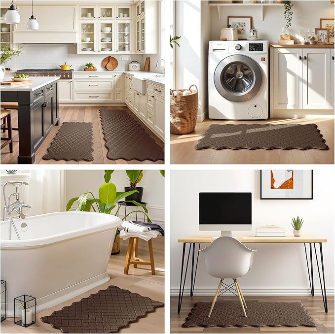Upgrade Scalloped Embossed Kitchen Mats for Floor 2PCS Cushioned Anti Fatigue Waterproof Foam Kitchen Rugs Non Slip Washable Comfort Standing Mat for Sink Laundry, 17.3"x30"+17.3"x59", Brown