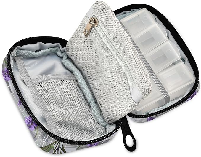 Lavender Flowers Grey Plaid 7 Day Travel Pill Organizer Case Weekly Small Pill Case Vitamin Supplements Holder with Zipper