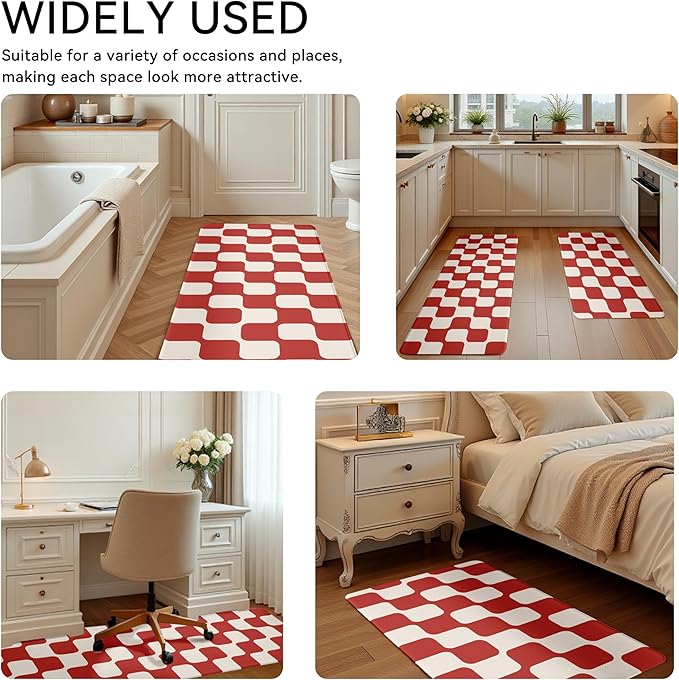 Red Beige Retro Curvy Checkered Grid Checkerboard Kitchen Rug Sets [2 PCs], Anti-Fatigue, Waterproof Non-Slip Kitchen Mats Heavy Duty Comfort Foam Rug for Floor, Home, Laundry,17"x29"+17"x47"