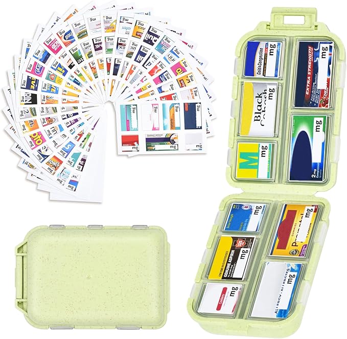 Large Travel Pill Organizer with Medicine Labels, Travel Pill Box Medicine Organizer Daily Pill Container 10 Compartments Purse Pill Case (Yellow, 189 Lables)