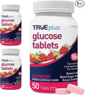 TRUEplus Glucose Tablets, Chewable, Raspberry Flavor, 15g Fast-Acting Carbohydrates, Fat Free, Gluten Free, Raise Low Blood Sugar and Boost Energy, 50 Count, 3 Bottles