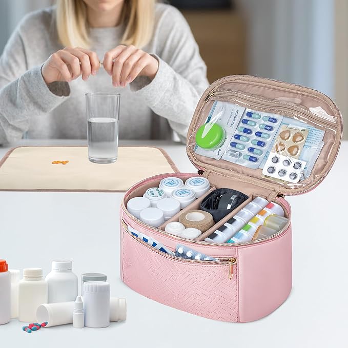 Fasrom Pill Bottle Organizer, Medicine Bag with Waterproof Mat & Adjustable Divider, Travel Carrying Case for Pills, Vitamins, Medical Supplies, First Aid Bag for Home Storage, Travel, Pink