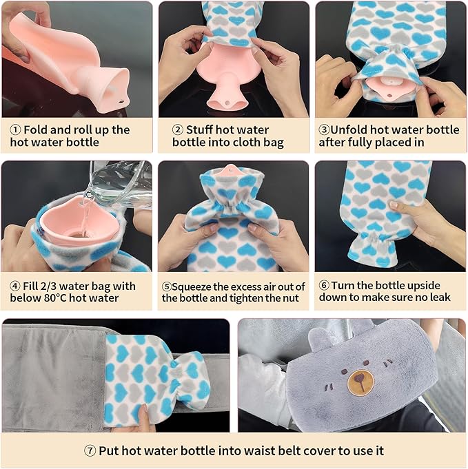 Hot Water Bag,Hot Water Bottle Rubber Warm Water Bag Pouch with Soft Waist Cover for Neck and Shoulder, Back,Hand, Legs, Waist Warm