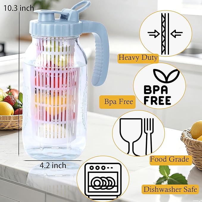 64 Oz Glass Mason Jar Pitcher With Infuser Lid Half Gallon Mason Fruit Infused Water Pitcher 2 Quart Wide Mouth Sun Tea Jar For Outside For Fridge Lemonade, Beverage,Milk,Juice, Cold Brew Container
