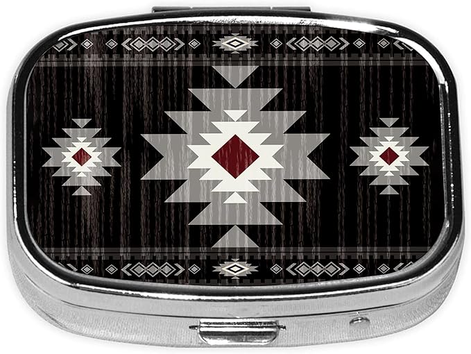 Pill Box-2 Compartment Small Pill Case Square Organizer Case with Mirror Portable Metal Medicine Box Travel Container for Pocket & Purse Women Men(Black Southwestern)