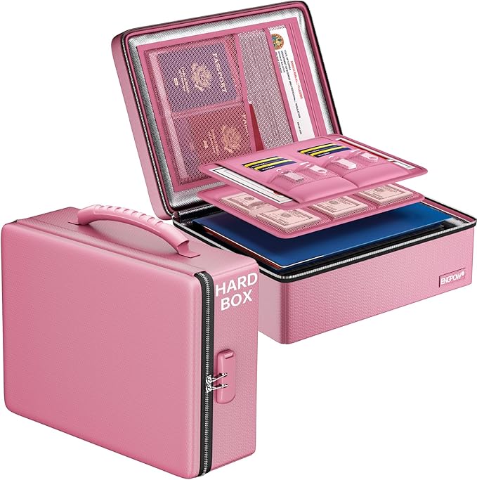 ENGPOW Fireproof Document Box, Hard Case File Box with Fireproof Zipper＆Lock, 6400°F Heat Insulated Fire and Water Resistant File Organizer Storage Safe for Important Documents Laptop Cash, Pink
