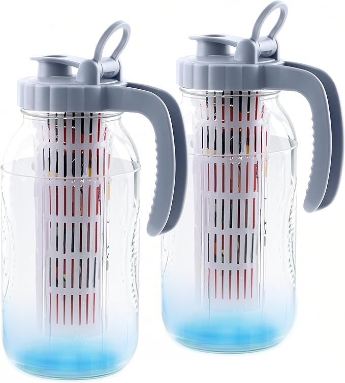 Mason Jar Pitcher With Fruit Infuser 2 Quart Water Pitcher With Pour Spout Lid 2 Pack Half gallon Wide Mouth Glass Carafe For Milk, Fruit Infused Water, Iced Tea, Lemonade, Cocktail, Cold Brew Coffee