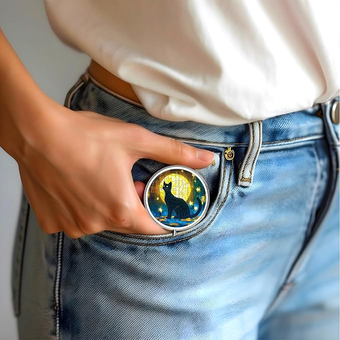 Pill Box-3 Compartment Small Pill Case for Purse & Pocket Mini Metal Pill Holder Travel Pill Container to Hold Supplements Vitamins BPA-Free (Moon Cat)