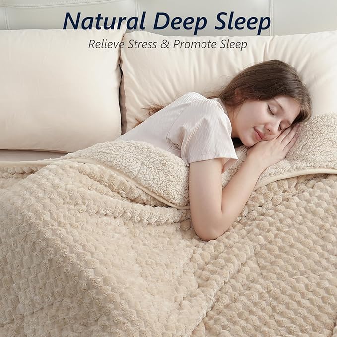 Mr. Sandman Weighted Blankets for Adults Queen Size 15lbs, Warm Sherpa Fleece Throw Blanket for Sleep and Calm, Soft Cozy Heavy Bed Blanket with Jacquard Flannel, 60 x 80 Inches, Khaki