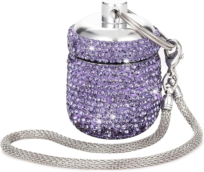 Keychain Pill Holder Bling Small Pill Box for Purse Portable Pill Case Organizer Cute Key Chain Pill Container Bottle for Capsule Vitamin Supplement(Purple)