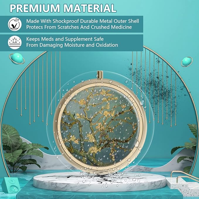 Pill Case Pill Box with Mirror Retro Small Pill Case for Purse or Pocket Bronze Pill Box or Vitamins, Fish Oil, Supplements, Pill Containe Travel Gifts（2PCS）
