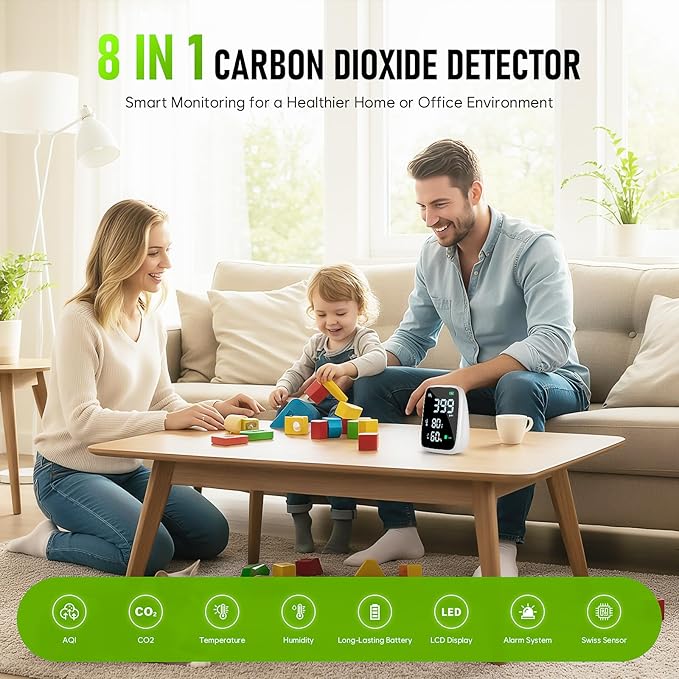 5-in-1 CO2 Carbon Dioxide Detector, Dienmern Portable Air Quality Monitor Indoor, 1600mAh Powerful Battery CO2 Monitor for CO2/Temp/Humidity, LED Display CO2 Detector for Travel/Office/Home/Grow Tents