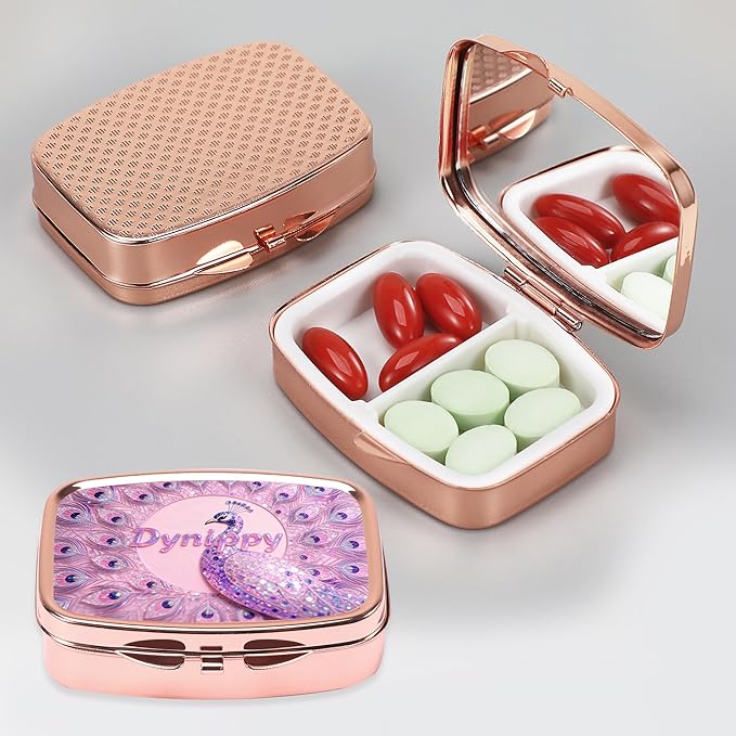 Dynippy Pill Case Pill Box with Mirror Retro Pocket 2 Compartment Medicine Case Vitamin Pill Organizer for Pocket Purse and Travel - Rose Gold-Peacock