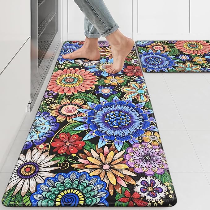 Likiyol Boho Kitchen Rugs Boho Floral Anti Fatigue Kitchen Mat for Floor Bohemian Flowers Non Slip Washable Kitchen Floor Mats, Comfort Standing Mat, 18''x30''+18''x48'', 0.47" Th, Blue