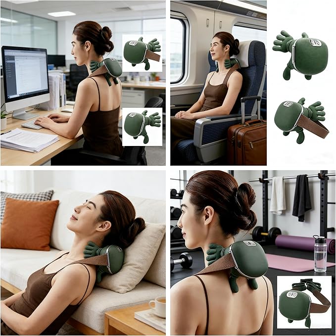 Shiatsu Neck Massager with Heat, 4D Kneading Deep Tissue Electric Massager for Shoulder Neck Back Pain Relief, Portable Rechargeable Cordless Muscle Relaxer for Home Office Travel, Green