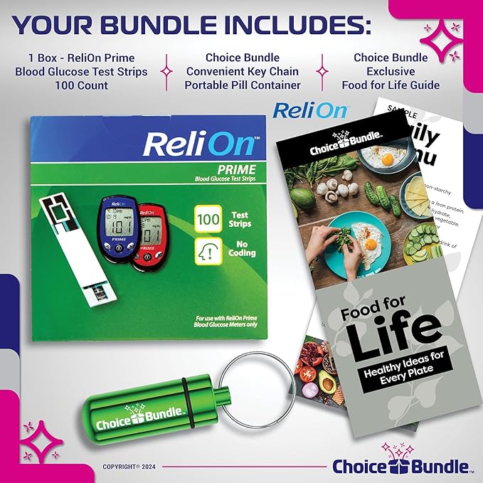 ReliOn Prime Blood Glucose Test Strips 100 Ct Reli On Choice Bundle Plus Food for Life & Portable Pill Holder (3 Items)!