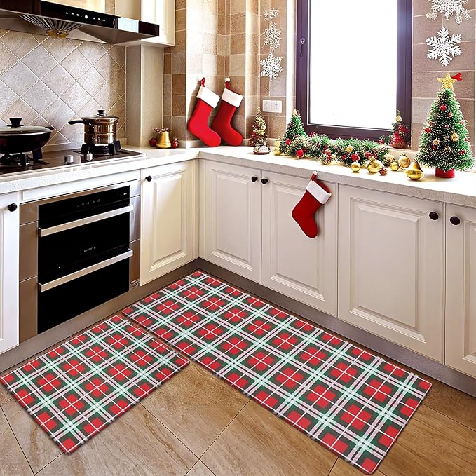 SHACOS Christmas Checkered Kitchen Rugs Set of 2 Anti-Fatigue Kitchen Mats Cushioned Christmas Kitchen Rugs Red Green Plaid Farmhouse Kitchen Mats and Rugs for Xmas 17x27.5+17x47, Red Green Plaid