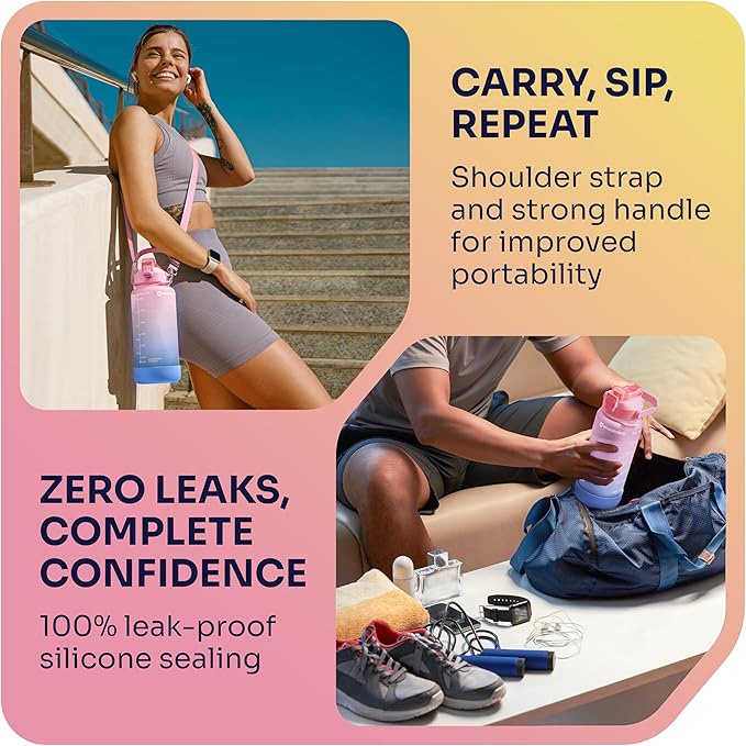 1/2 Gallon Water Bottle with 74.3 oz Capacity - Motivational Time Markers for Daily Hydration Goals - Leakproof BPA Free Tritan with Removable Straw