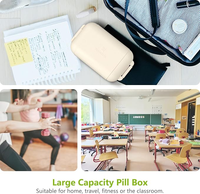 Portable Pill Organizer, Pill Box with 7 Compartments, Small Pill Case for Travel, Daily Medicine Pill Organizer with Air-Tight Lid
