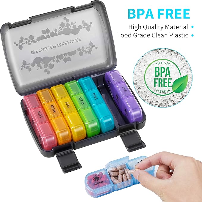 FGcase 7 Day Pill Organizer 3 Times a Day Large Weekly Pill Case with Secure Travel Shell, Rainbow 21 Compartments Pill Box for Fish Oil/Vitamins/Supplements BPA-Free and Moisture-Proof, Black