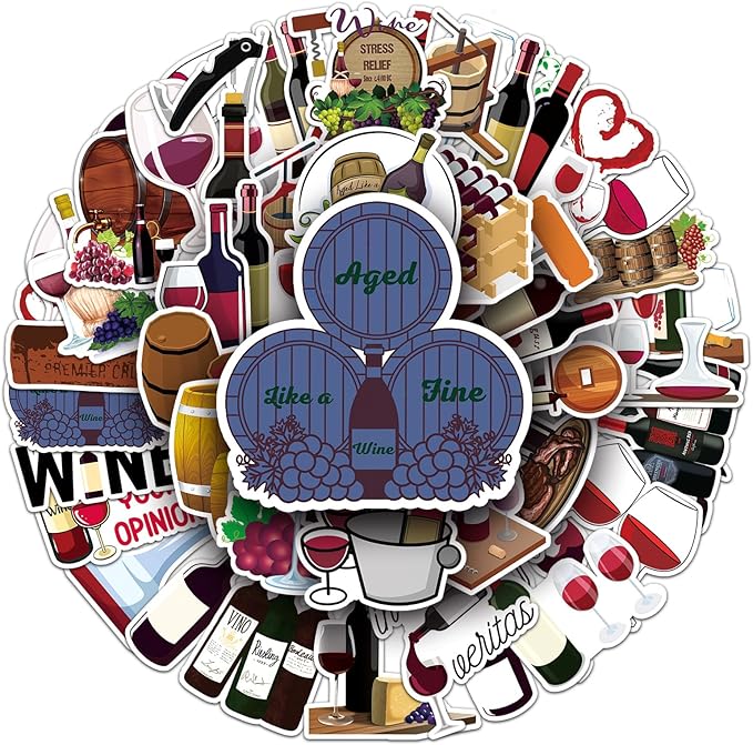 50pcs Red Wine Stickers,Cute Wine Label & Glass Pattern Decals, Waterproof & Durable for Notebook, Wine Bottle, Party Decoration