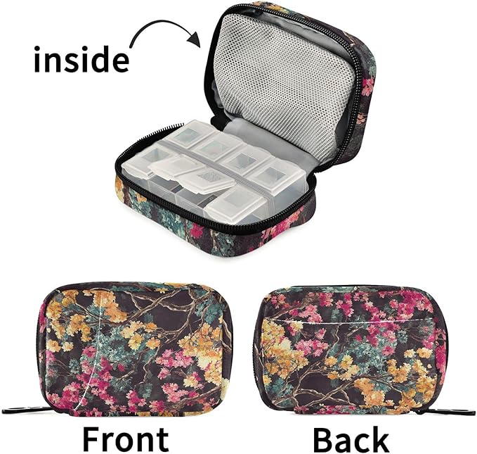 Multicolored Blossom Trees Travel Pill Organizer Case Box Container Weekly Portable Vitamin Medicine Holder Storage Bag with Zipper Removable
