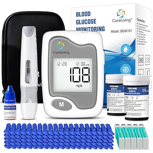 BGM101 Blood Glucose Monitor Kit, 100 Test Strips, 100 Lancets, 1 Blood Glucose Meter, 1 Lancing Device, Diabetes Testing Kit, Portable Blood Sugar Test Kit, Glucometer Kit for Home