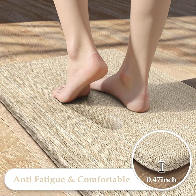 KIMODE Kitchen Mats Cushioned Anti Fatigue 17"x47"+17"x29", Beige Padded Kitchen Floor Mats Non Slip, Comfort Textilene Kitchen Mats for Floor, Standing Mat for Laundry Office Sink Desk