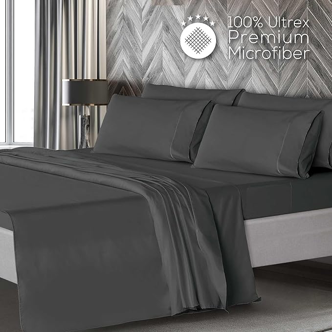 Mueller Ultratemp Bed Sheets Set, Super Soft 1800, 6 Piece California King Sheet Sets, Deep Pocket up to 16", Transfers Heat, Breathes Better, Hypoallergenic, Wrinkle-Resistant, Oeko-TEX, Dark Grey