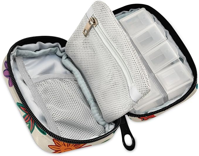 Beige Doodle Star Heart Rainbow Travel Pill Organizer Case Box Container Weekly Portable Vitamin Medicine Holder Storage Bag with Zipper Removable