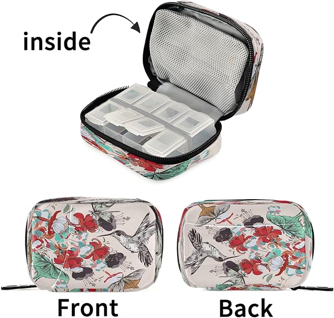 Naanle Floral Butterfly Hummingbird 7 Day Pill Case Travel Pill Organizer Bag with Zipper Portable Weekly Case Compact Size for Vitamin Supplement Holder