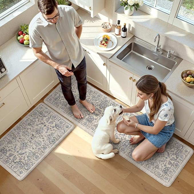 KIMODE Kitchen Floor Mats Cushioned Anti Fatigue,Boho Floral Rugs Sets of 2,Ergonomic Memory Foam Carpet Non Slip 20" x 71"+20" x 32", Wide Long Comfort Runner for Sink Laundry Office,Blue
