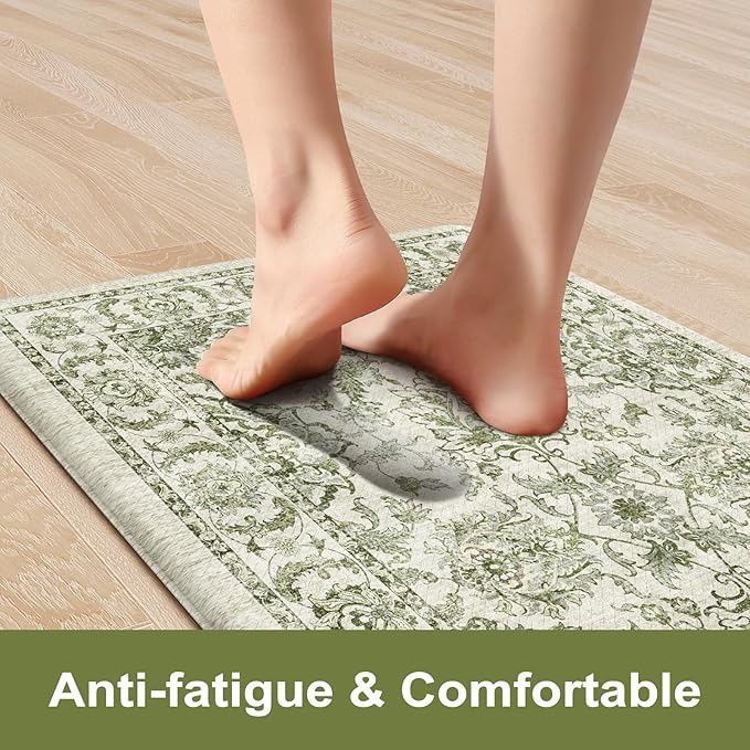 KIMODE Anti Fatigue Mats for Kitchen Floor Non Slip,Boho Vintage Floral Rugs Sets of 2,Cushioned Carpet Non Slip for Laundry,Wide Memory Foam Runner for Sink Office,Green 20"x47"+20"x32"