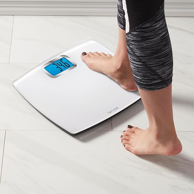 Taylor Digital Scales for Body Weight, Extra high 440 LB Capacity, Unique Blue LCD, Bright White Finish Extra LargePlatform, 12.2 x 13.5 Inches, White