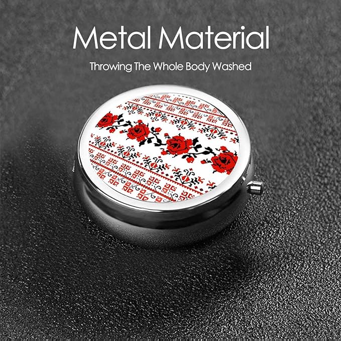 Ukrainian Embroidery Style Rose Printed Round Travel Pill Box Cute Small Metal Pocket Pill Case for Men & Women 3 Compartment Portable Pill Organizer for Purse or Pocket