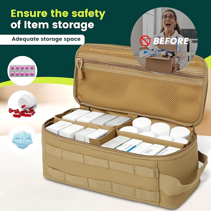 First Aid Bag Empty,Travel Bag Empty Pill Box Organizer, Portable Travel Pill Bottle Organizer for Home Outdoor Emergency Traveling(brown,13.78 x 5.91 x 4.72 in)