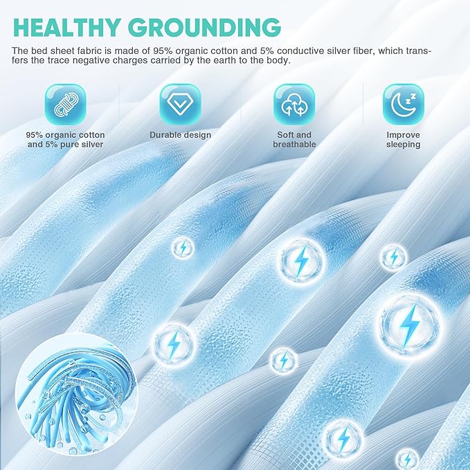 AsmrCap Grounding Sheets Queen, 95% Organic Cotton+ 5% Pure Silver Fiber, Grounded Sheets with Grounding Cord, Bed Grounding Kit for Healthy Sleep Therapy [White 60"x 80"x 13"-Queen]