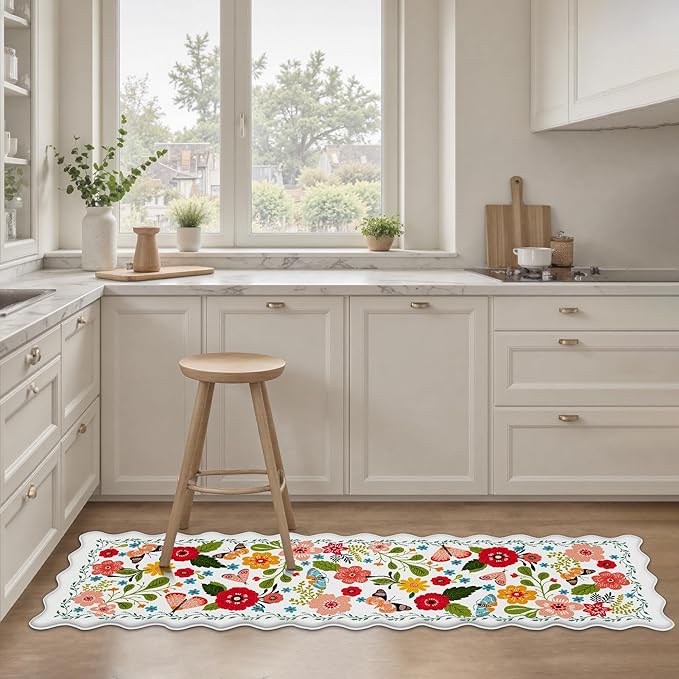 Scalloped Kitchen Mats for Floor Cushioned Anti Fatigue Kitchen Mats Rugs Waterproof Non Slip Farmhouse Boho Floral Comfort Foam Standing Mat for Sink Laundry, White, 17.3x59