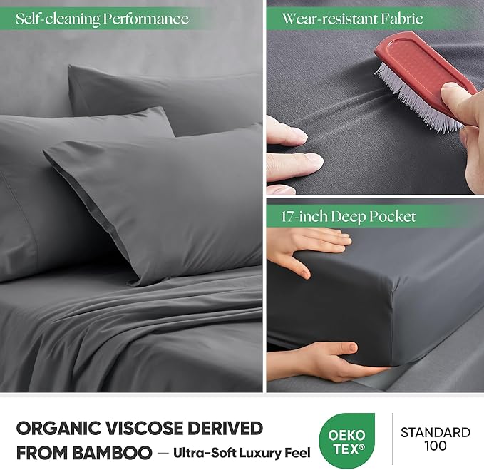 Silver Infused Bed Sheets Set, Temperature-Regulating Fabric with Self-Cleaning Technology for 3X Freshness Sleep (Grey, Caking)