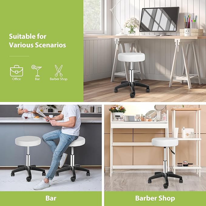 F2C Leather Adjustable Bar Stools Swivel Chairs Facial Massage Spa Salon Stool with Wheels White/Black (White)