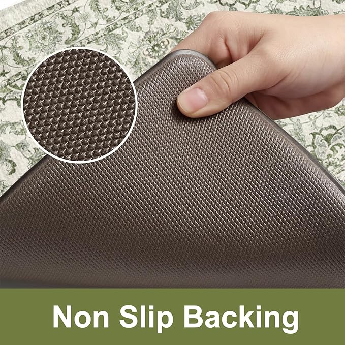 KIMODE Kitchen Mats Cushioned Anti Fatigue 2 PCS, Boho Kitchen Mats Stain Resistant, Standing Kitchen Runner Rug, Non Slip Waterproof Kitchen Sink Floor Mat, 17.3"x59"+17.3"x29", Green