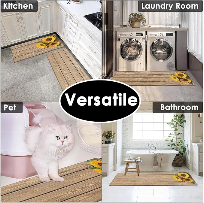 Anti-Fatigue Sunflower Kitchen Rug Set of 2 Cushioned Wooden Background Mat for Floor, Standing Waterproof Non-Slip Rug PVC Ergonomic Comfort Foam Kitchen Decor