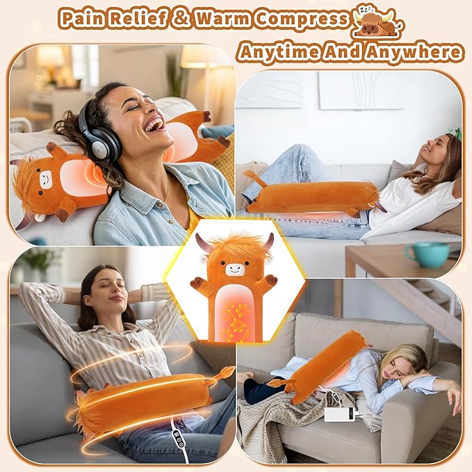 Highland Cow Heating Pad for Period Cramps and Menstrual Pain Relief,USB Heating Pad Stuffed Animals-20” Electric Plush Heated,Cute Portable Electric Plushies Gifts for Women Teens Girls
