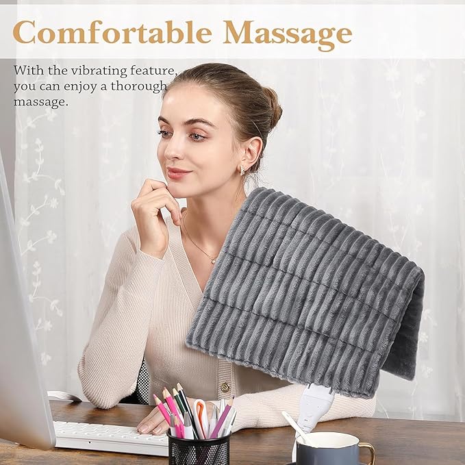 Massaging Heating Pad for Neck and Shoulders and Back, Large Electric Heating Pad for Back Pain Relief with 3 Heat Levels, 4 Massage Settings, 4 Massage Motors (Dark Grey, 33'' * 18'')