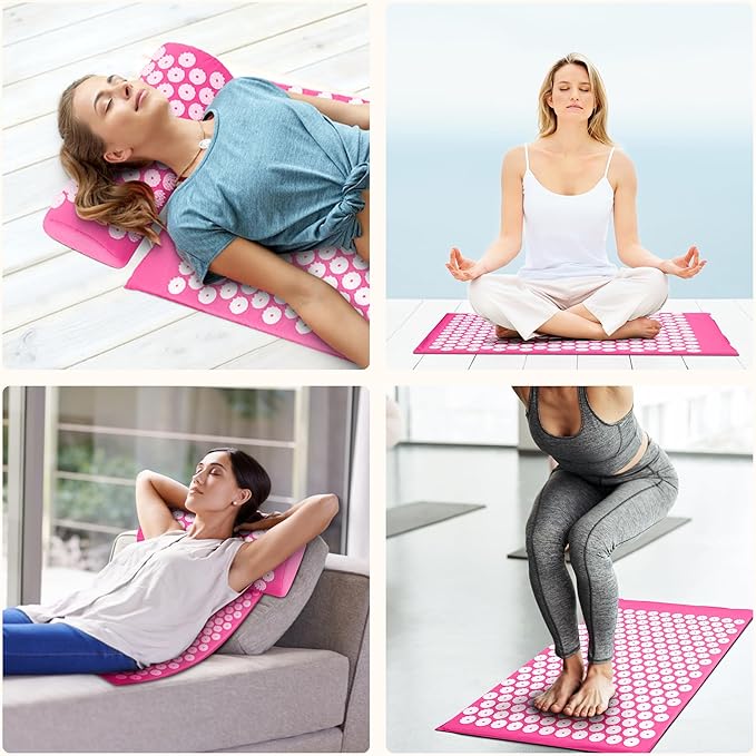 Fitvids Acupressure Mat and Pillow Set for Back/Neck Pain, Acupuncture Products to Relieve Muscle Fatigue, Improve Insomnia for Sedentary People, Acupuncture Eases Stress, Massage Mat, Pink